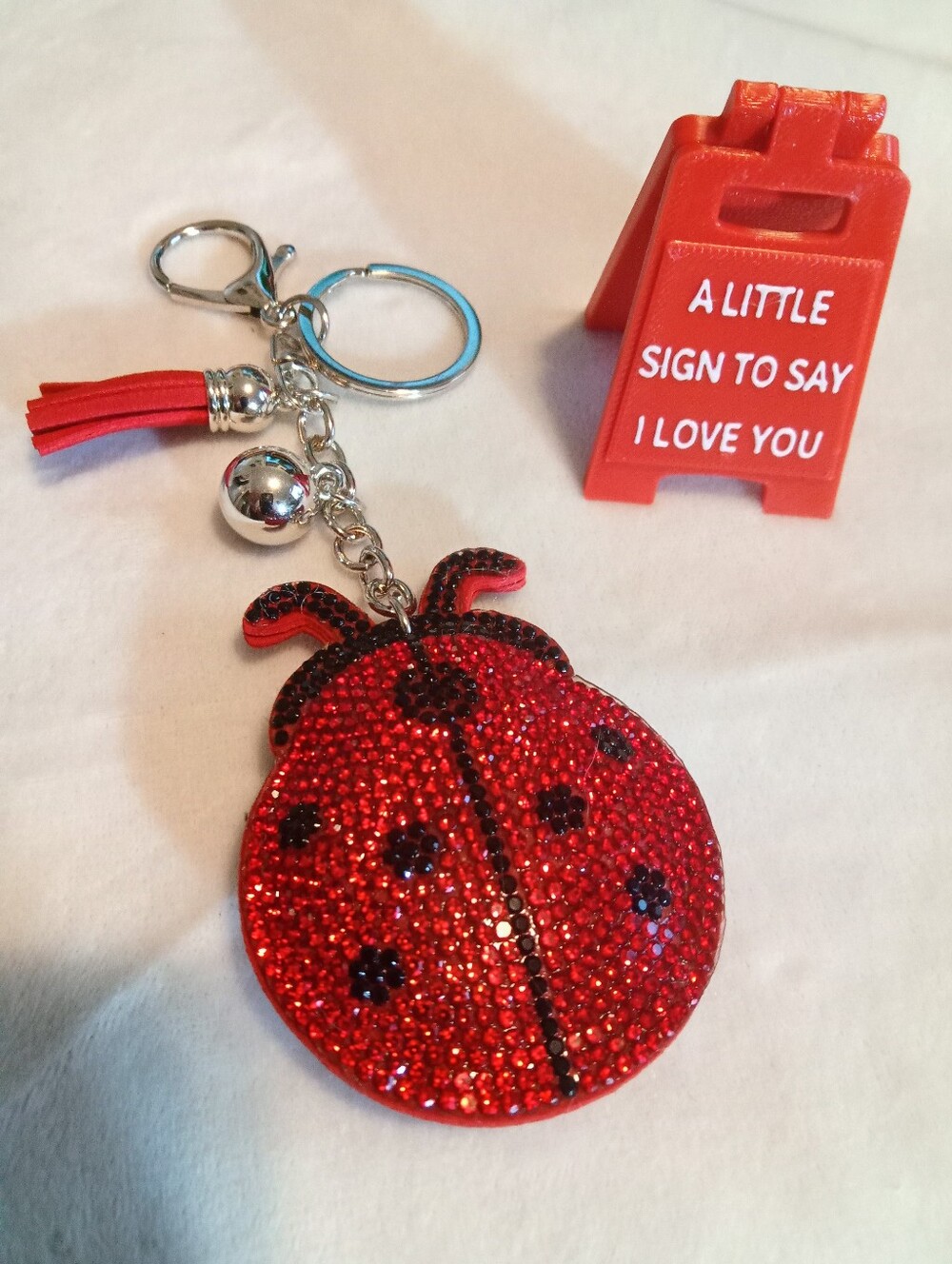 Red Ladybug Crystal Keychain And Sign Saying I Love You...  GIFTABLE!